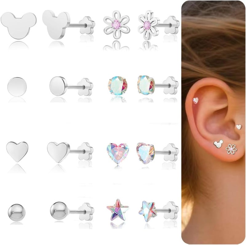 DALI Hypoallergenic 14K Gold Earrings for Girls Women, Toddler Screw Back Baby Earrings for Sensitive Ears Silver Kids Earrings Cute Flower Heart Star Ball Dot Mouse Titanium Flat Back Stud Earring Sets - Image 1
